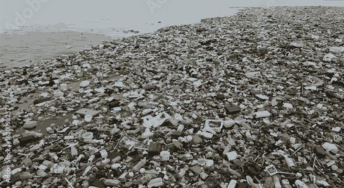 An expanse of garbage washed ashore, a stark monochromatic view of ocean pollution and environmental crisis.
