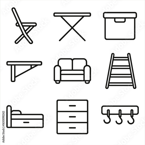 Space-Saving Furniture Icons. Outline icon set of space-saving furniture: foldable chair, collapsible table,