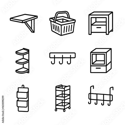 Space-saving Storage Icons. Outline icon set of small space storage solutions: fold-down tables, collapsible
