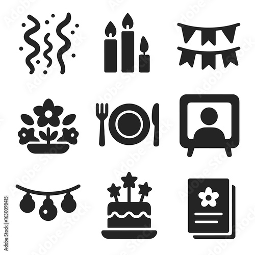 Special Occasion Icons. Solid, filled icons set of special occasion decorations: streamers, candles, banners,