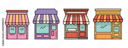 Colorful Storefronts with Striped Awnings and Display Windows, Representing Various Retail Businesses and Shops