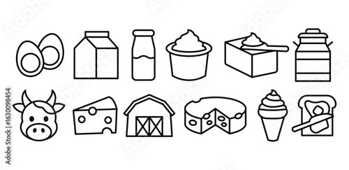 Dairy Product Simple Line Icons Cow, Milk, Cheese, Yogurt, Butter, Bread, Cow, Farm, Symbol Vector Design Illustration Collections Sets