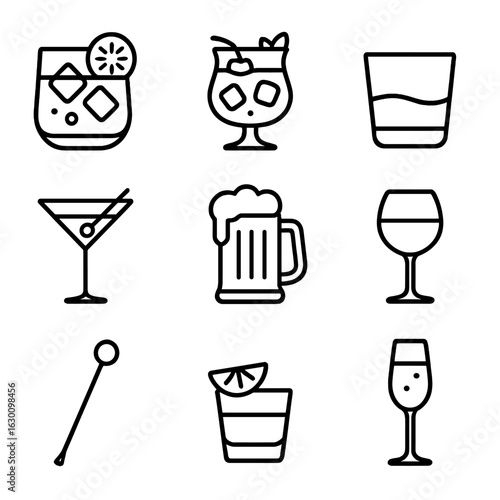 Spirits Icon Collection. Outline icon set of Spirits and cocktails: gin tonic, rum punch, whiskey neat, vodka