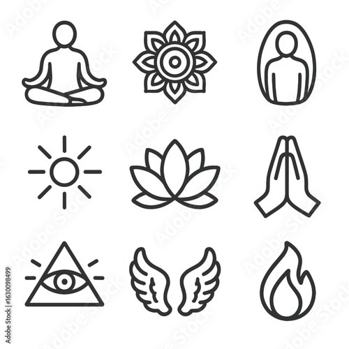 Spiritual Icon Set. Outline icon set of spirituality in art: meditation pose, mandala, aura, light rays, lotus