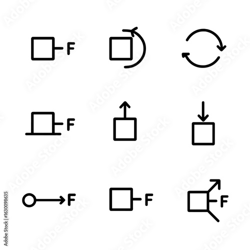 Physics Force Icons. Outline icon set of inertia forces: inertial force vector, centrifugal force, centripetal force, friction