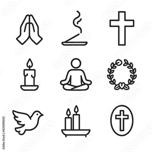 Spiritual Support Icons. Outline icon set of Spiritual support in grief: folded hands, incense smoke, cross