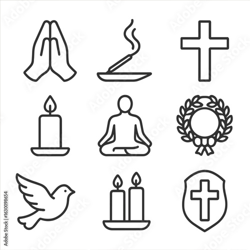 Spiritual Support Icons. Outline icon set of Spiritual support in grief: folded hands, incense smoke, cross