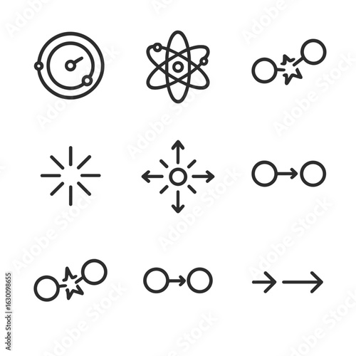 Physics Collision Icons. Outline icon set of collision in physics: particle accelerator, atom smash, molecular interaction, energy