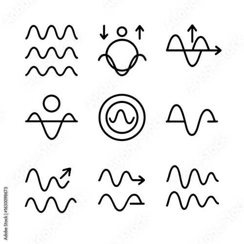 Physics Frequency Icons. Outline icon set of frequency in physics: wave frequency, oscillation, electromagnetic field, quantum