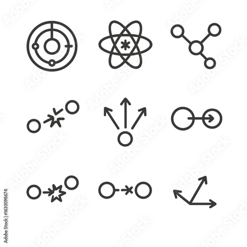Physics Collision Icons. Outline icon set of collision in physics: particle accelerator, atom smash, molecular interaction, energy