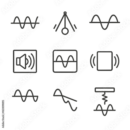 Physics Resonance Icons. Outline icon set of resonance in physics: oscillation, pendulum, wave interference, sound amplification,
