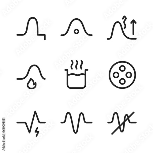 Physics Threshold Icons. Outline icon set of threshold in physics and science: energy barrier, quantum threshold, activation