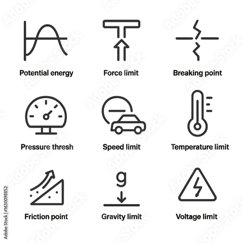 Physics Threshold Icons. Outline icon set of threshold in physics: energy barrier, force limit, breaking point, pressure threshold