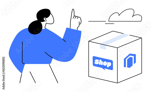 Woman gestures towards a cloud and a branded box, signifying delivery, online shopping, e-commerce, logistics, and tech integration. Ideal for retail, shipping, innovation future cloud storage