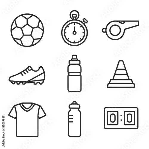 Sports Training Icons. Outline icon set of sports training: soccer ball, stopwatch, whistle, cleats, water