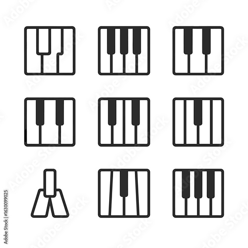 Piano Chord Icons. Outline icon set of chord in piano: white key chord, black key chord, major chord, minor chord, dominant