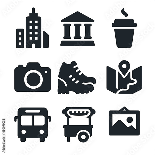 Spring Break Icons. Solid, filled icons set of Spring break city exploration: skyscraper, museum, coffee cup,