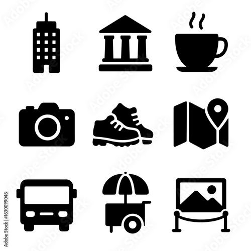 Spring Break Icons. Solid, filled icons set of Spring break city exploration: skyscraper, museum, coffee cup,