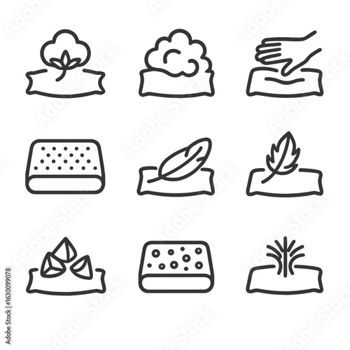 Pillow Material Icons. Outline icon set of pillow materials: cotton cover, polyester fiberfill, memory foam, latex, feather, down,