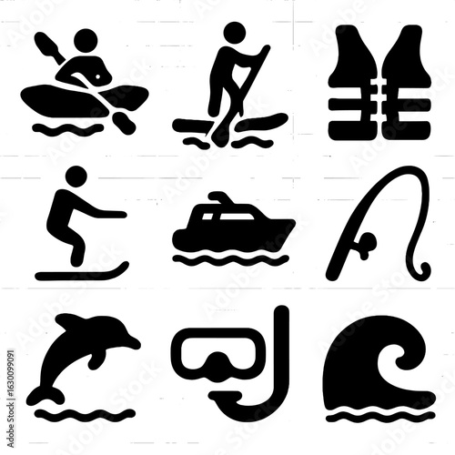 Spring Break Water Sports. Solid, filled icons set of Spring break water sports: kayak, paddleboard, life