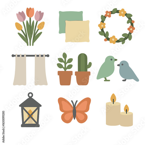 Spring Home Decor Icons. Solid, filled icons set of seasonal home décor: spring flowers, pastel cushions,