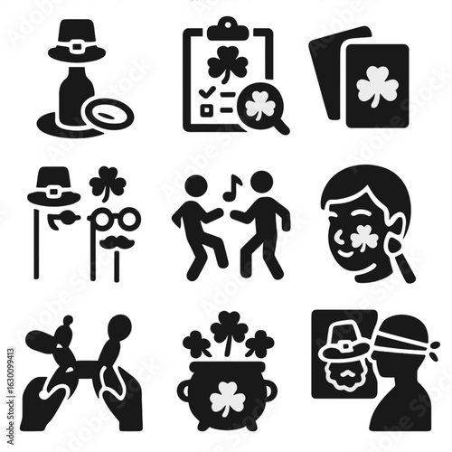 St. Patrick's Day Icons. Solid, filled icons set of St. Patrick’s Day games and fun: ring toss, shamrock