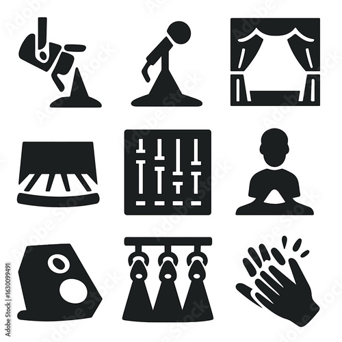 Stage Icon Set. Solid, filled icons set of spotlight shining on stage: stage spotlight, microphone, theater