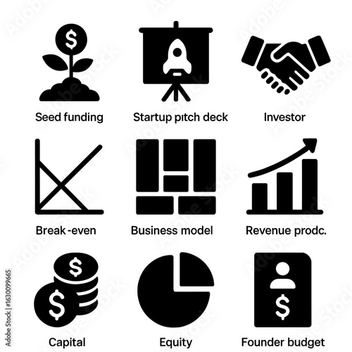 Startup Finance Icons. Solid, filled icons set of startup financial planning: seed funding icon, startup pitch