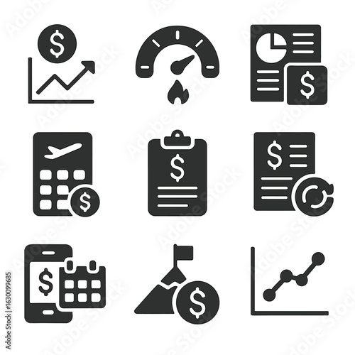 Startup Finance Icons. Solid, filled icons set of managing startup finances: cash flow chart, burn rate meter,