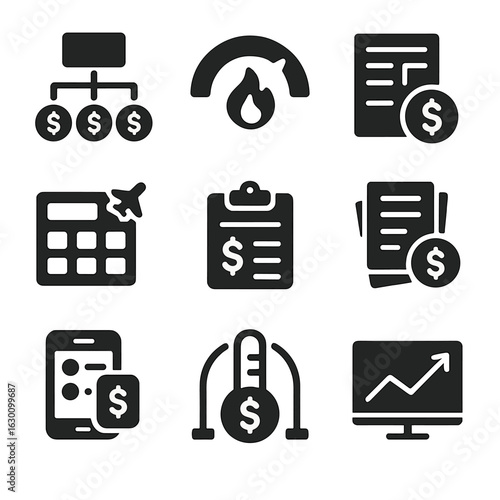 Startup Finance Icons. Solid, filled icons set of managing startup finances: cash flow chart, burn rate meter,