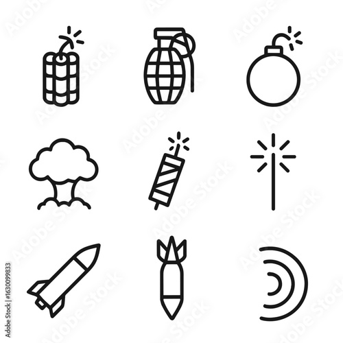 Explosive Icon Set. Outline icon set of explosive raw power: dynamite, grenade, bomb, explosion cloud, firecracker, sparkler,