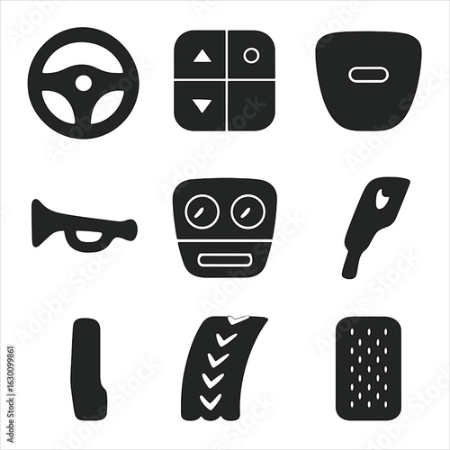 Steering Wheel Icon Set. Solid, filled icons set of Steering wheel interior details: steering rim, control