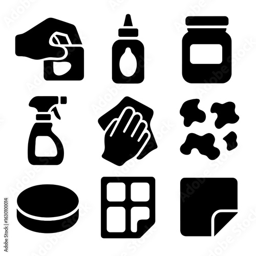 Sticker Removal Icons. Solid, filled icons set of removing stickers from jars: hand peeling sticker, adhesive