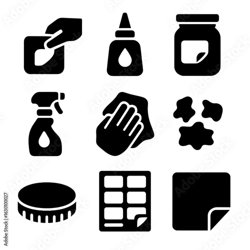 Sticker Removal Icons. Solid, filled icons set of removing stickers from jars: hand peeling sticker, adhesive