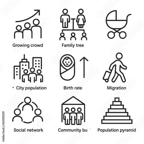 Population Growth Icons. Outline icon set of population expansion: growing crowd, family tree, baby stroller, city population,