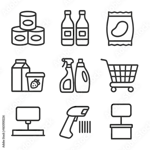 Store Product Icons. Outline icon set of store product arrangement: canned food, bottled sauces, packaged