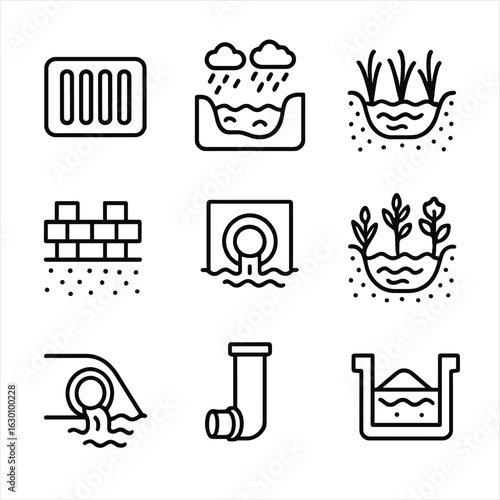 Stormwater Management Icons. Outline icon set of stormwater management: drainage grate, retention pond,