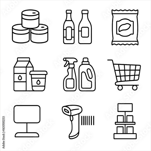 Store Product Icons. Outline icon set of store product arrangement: canned food, bottled sauces, packaged