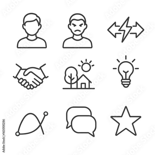 Story Elements Icons. Outline icon set of storytelling elements: protagonist, antagonist, conflict, resolution