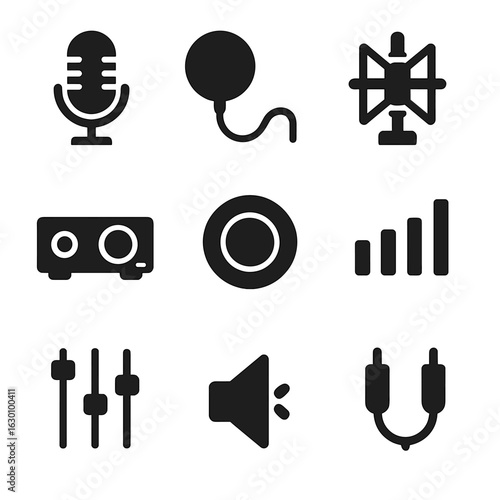 Streamer Audio Icons. Solid, filled icons set of audio setup for game streamers: condenser mic, pop filter,