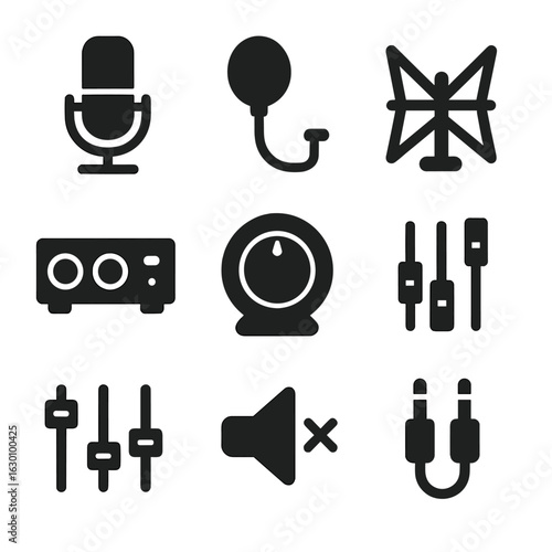 Streamer Audio Icons. Solid, filled icons set of audio setup for game streamers: condenser mic, pop filter,