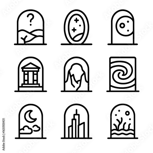 Portal Destination Icons. Outline icon set of portal destinations: unknown world, parallel universe, distant planet, ancient