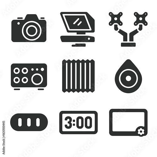Streamer Equipment Icons. Solid, filled icons set of professional streamer equipment: DSLR camera,