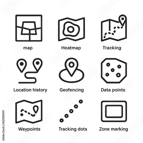 Positioning Icon Set. Outline icon set of positioning visualization: map overlay, heatmap, tracking path, location history,