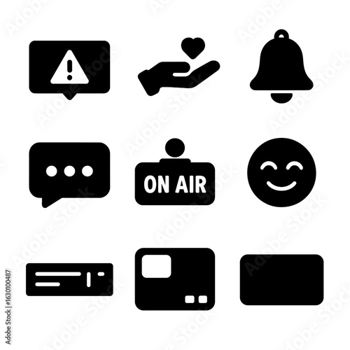 Streaming Icons Grid. Solid, filled icons set of streaming content accessories: alert popup icon, donation