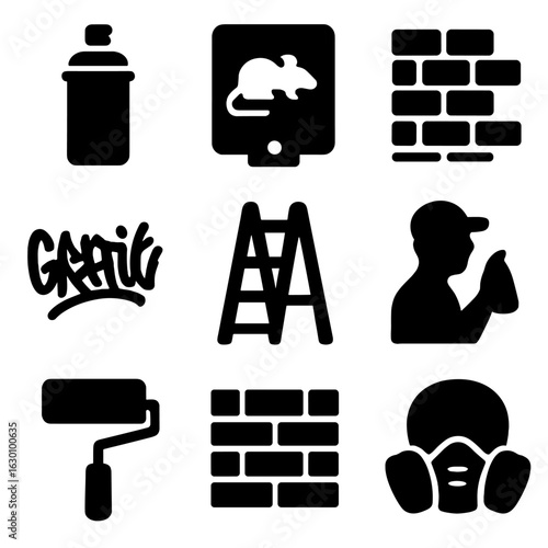 Street Art Icons. Solid, filled icons set of street art and murals: spray paint can, stencil, wall, graffiti