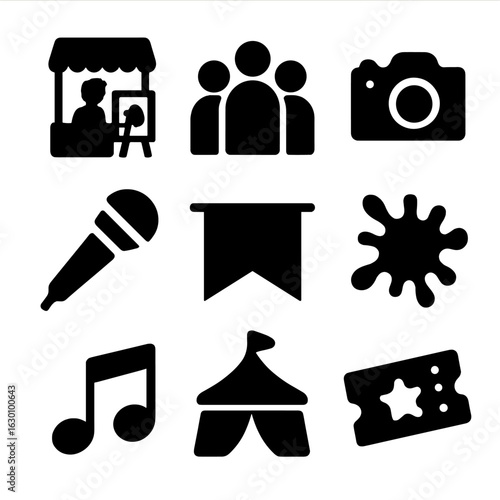 Street Art Icon Set. Solid, filled icons set of street art events: artist booth, crowd, camera, microphone,