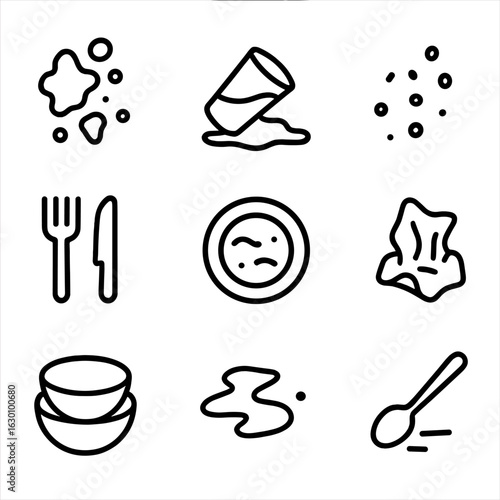 Post-Meal Mess Icons. Outline icon set of post-meal mess: food stains, spilled drink, bread crumbs, used cutlery, greasy plate,