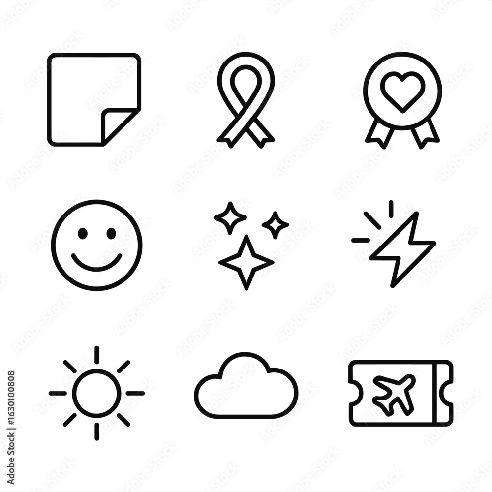 Fototapeta premium Postcard Decoration Icons. Outline icon set of postcard decoration: stickers, ribbon, heart seal, smiley face, stars, camera flash