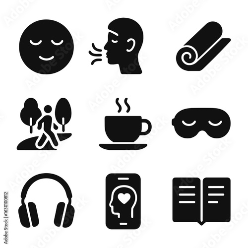 Stress Prevention Icons. Solid, filled icons set of stress prevention: calm face, deep breathing, yoga mat,